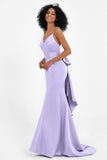 Spaghetti Straps V Neck Satin Formal Evening Dresses Mermaid Prom Party Gowns with Bowknot