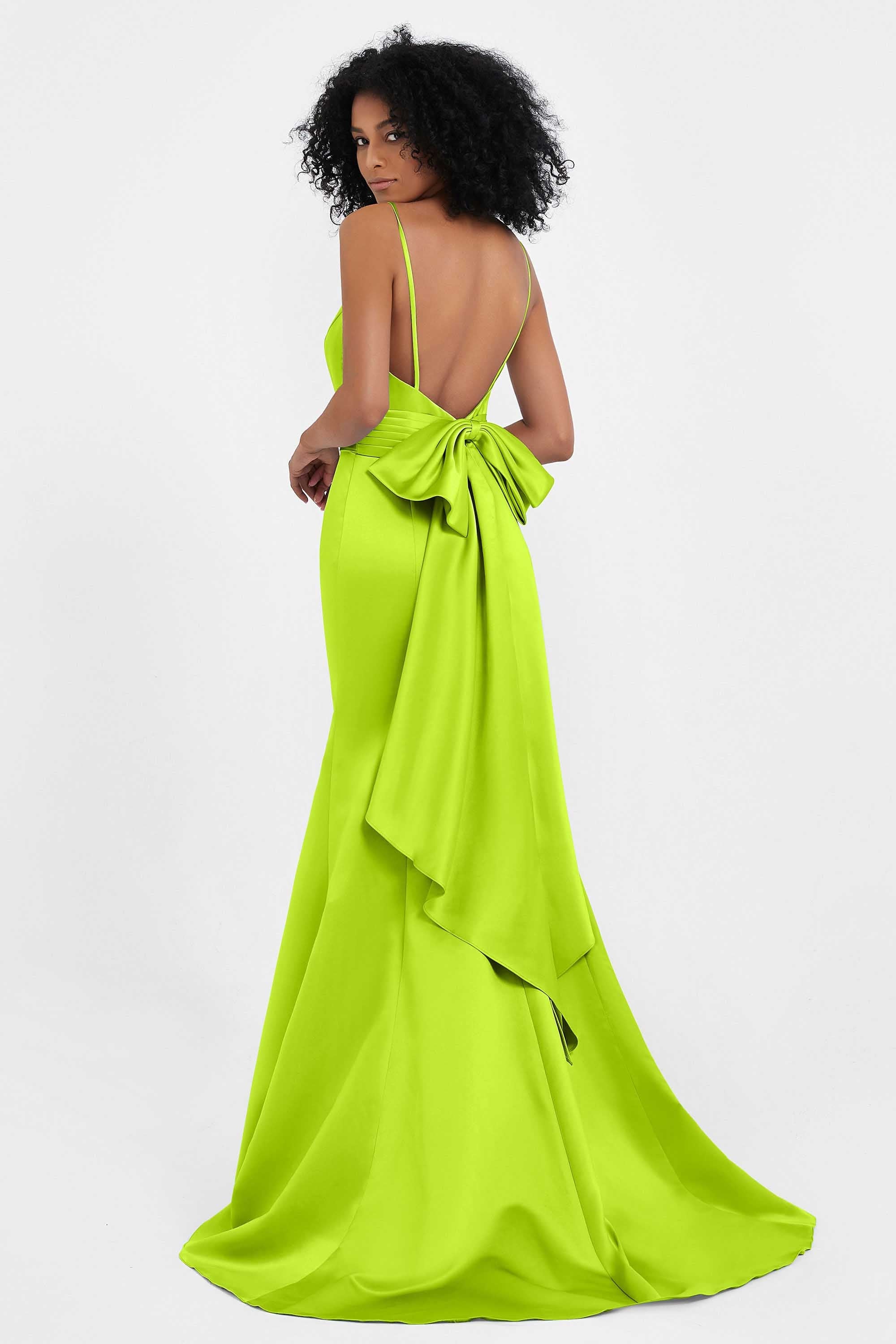 Spaghetti Straps V Neck Satin Formal Evening Dresses Mermaid Prom Party Gowns with Bowknot