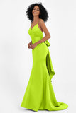Spaghetti Straps V Neck Satin Formal Evening Dresses Mermaid Prom Party Gowns with Bowknot