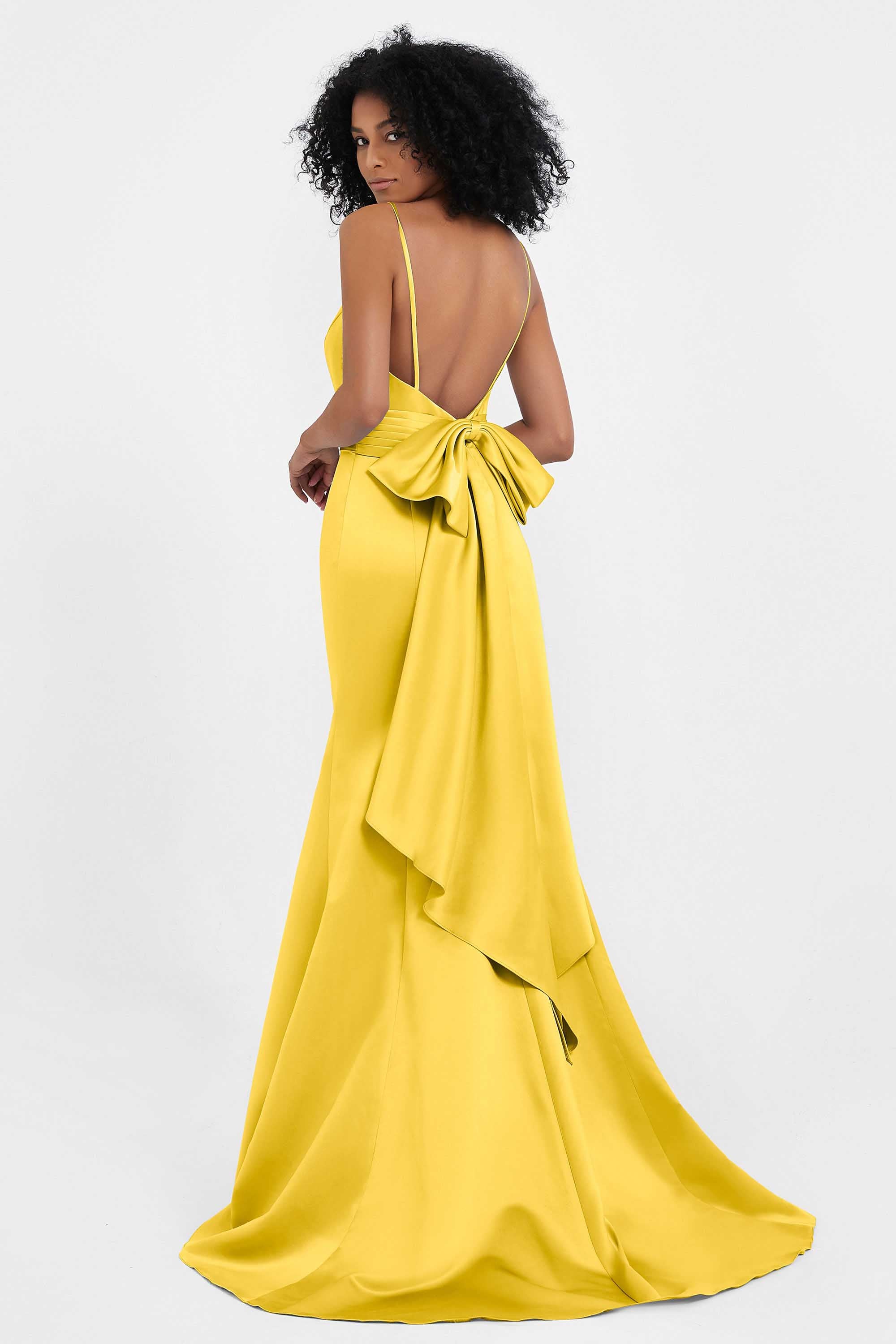 Spaghetti Straps V Neck Satin Formal Evening Dresses Mermaid Prom Party Gowns with Bowknot