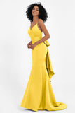 Spaghetti Straps V Neck Satin Formal Evening Dresses Mermaid Prom Party Gowns with Bowknot