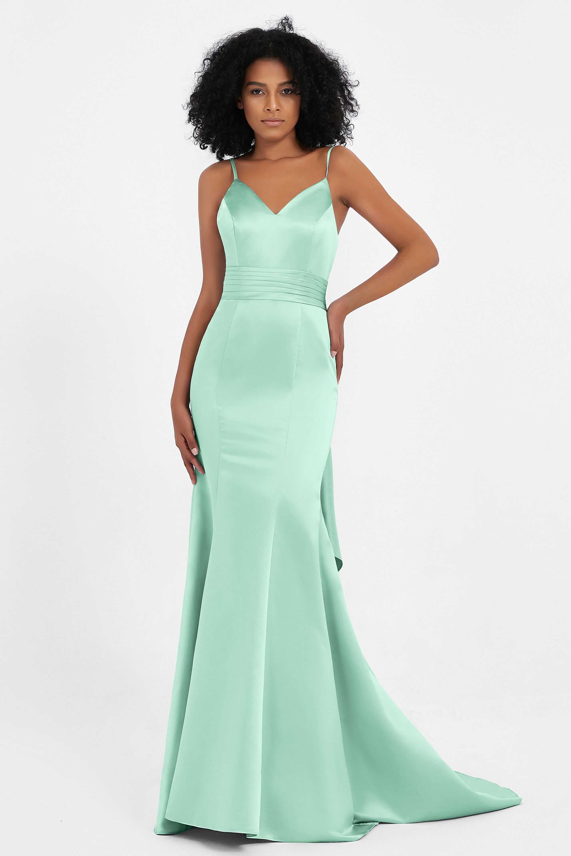 Spaghetti Straps V Neck Satin Formal Evening Dresses Mermaid Prom Party Gowns with Bowknot