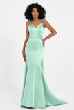 Spaghetti Straps V Neck Satin Formal Evening Dresses Mermaid Prom Party Gowns with Bowknot