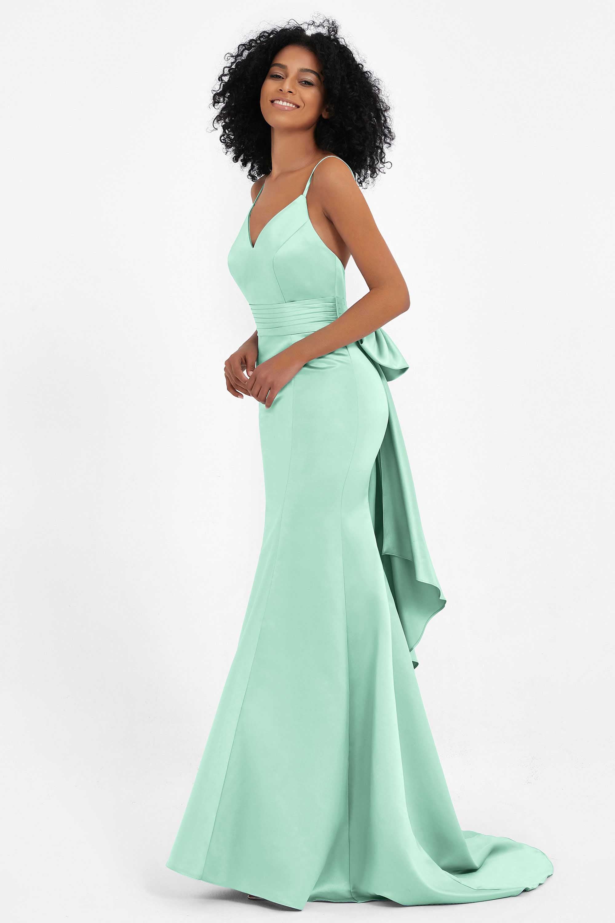Spaghetti Straps V Neck Satin Formal Evening Dresses Mermaid Prom Party Gowns with Bowknot
