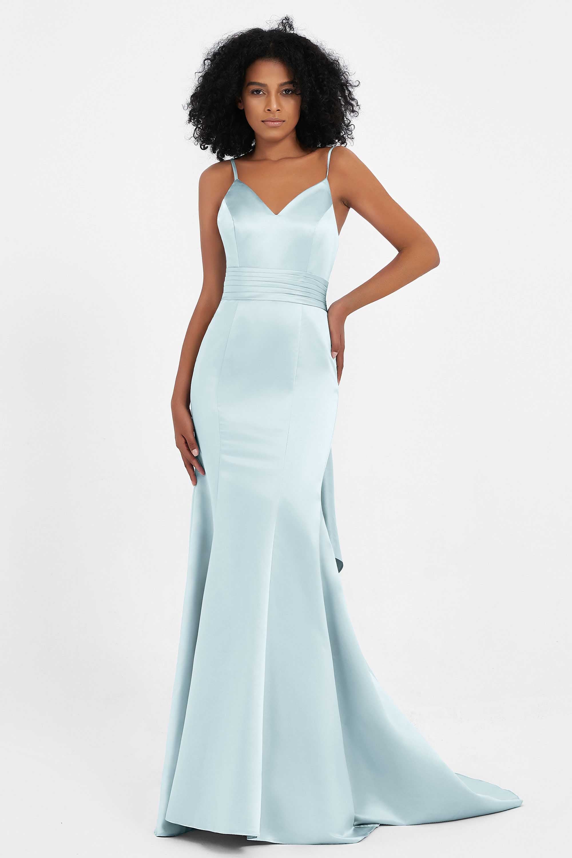 Spaghetti Straps V Neck Satin Formal Evening Dresses Mermaid Prom Party Gowns with Bowknot