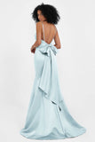 Spaghetti Straps V Neck Satin Formal Evening Dresses Mermaid Prom Party Gowns with Bowknot