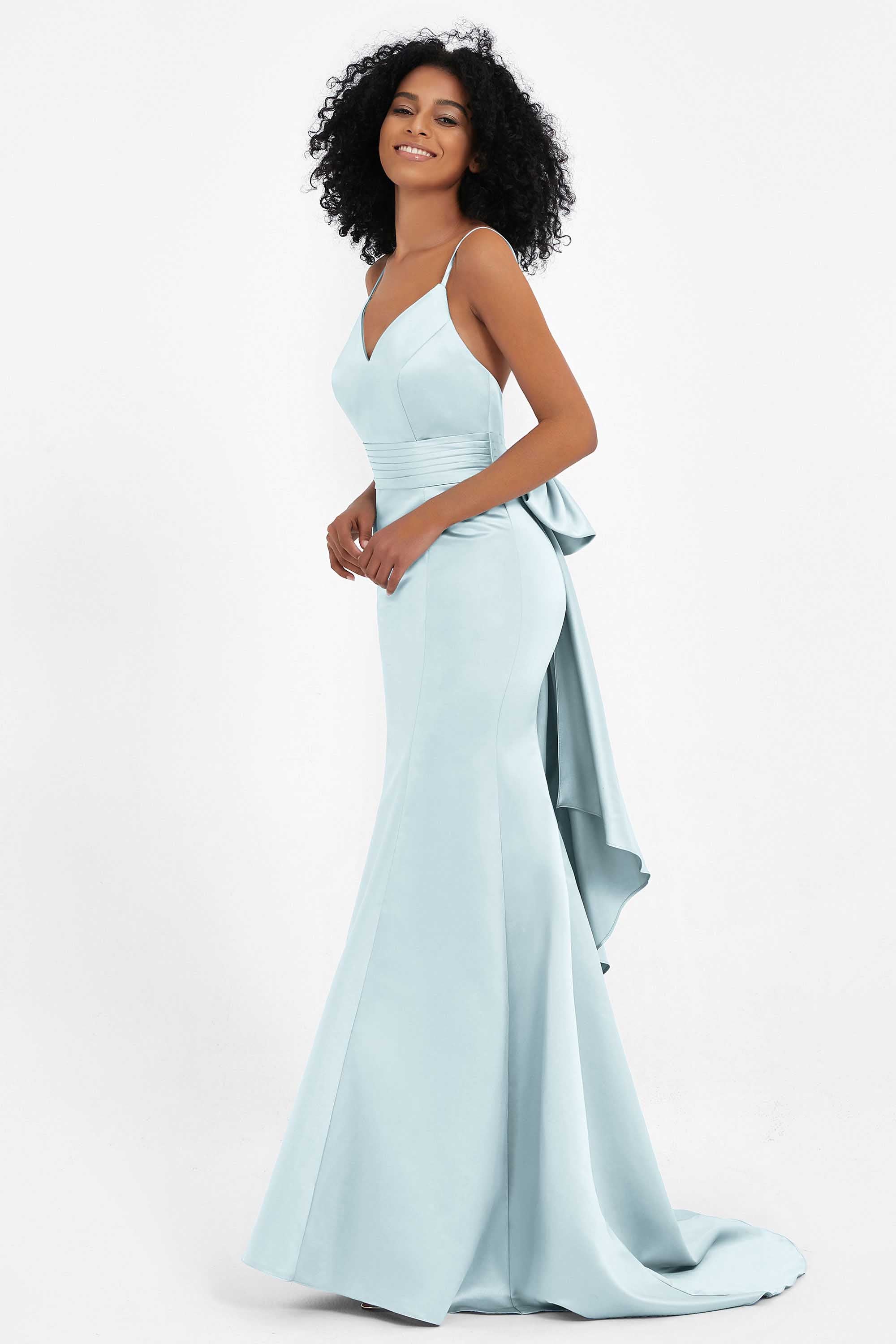 Spaghetti Straps V Neck Satin Formal Evening Dresses Mermaid Prom Party Gowns with Bowknot
