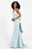 Spaghetti Straps V Neck Satin Formal Evening Dresses Mermaid Prom Party Gowns with Bowknot