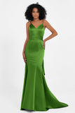 Spaghetti Straps V Neck Satin Formal Evening Dresses Mermaid Prom Party Gowns with Bowknot