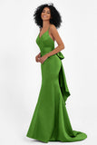 Spaghetti Straps V Neck Satin Formal Evening Dresses Mermaid Prom Party Gowns with Bowknot