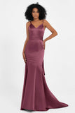 Spaghetti Straps V Neck Satin Formal Evening Dresses Mermaid Prom Party Gowns with Bowknot