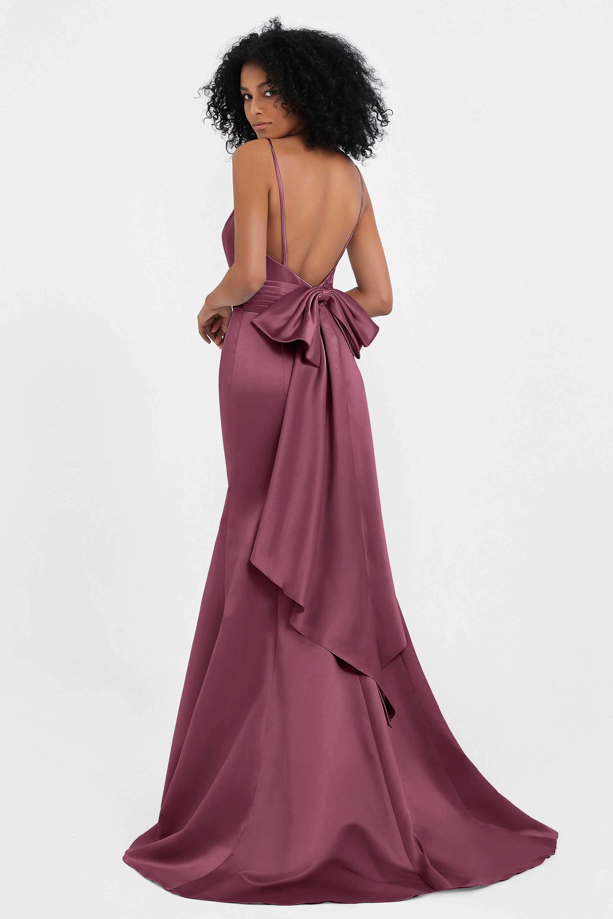 Spaghetti Straps V Neck Satin Formal Evening Dresses Mermaid Prom Party Gowns with Bowknot