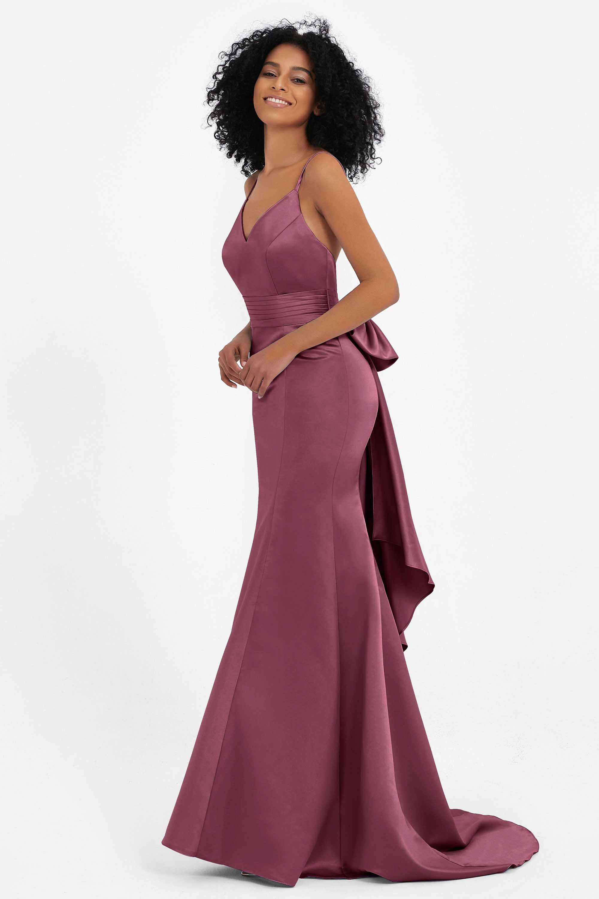 Spaghetti Straps V Neck Satin Formal Evening Dresses Mermaid Prom Party Gowns with Bowknot
