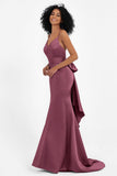 Spaghetti Straps V Neck Satin Formal Evening Dresses Mermaid Prom Party Gowns with Bowknot