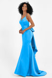 Spaghetti Straps V Neck Satin Formal Evening Dresses Mermaid Prom Party Gowns with Bowknot