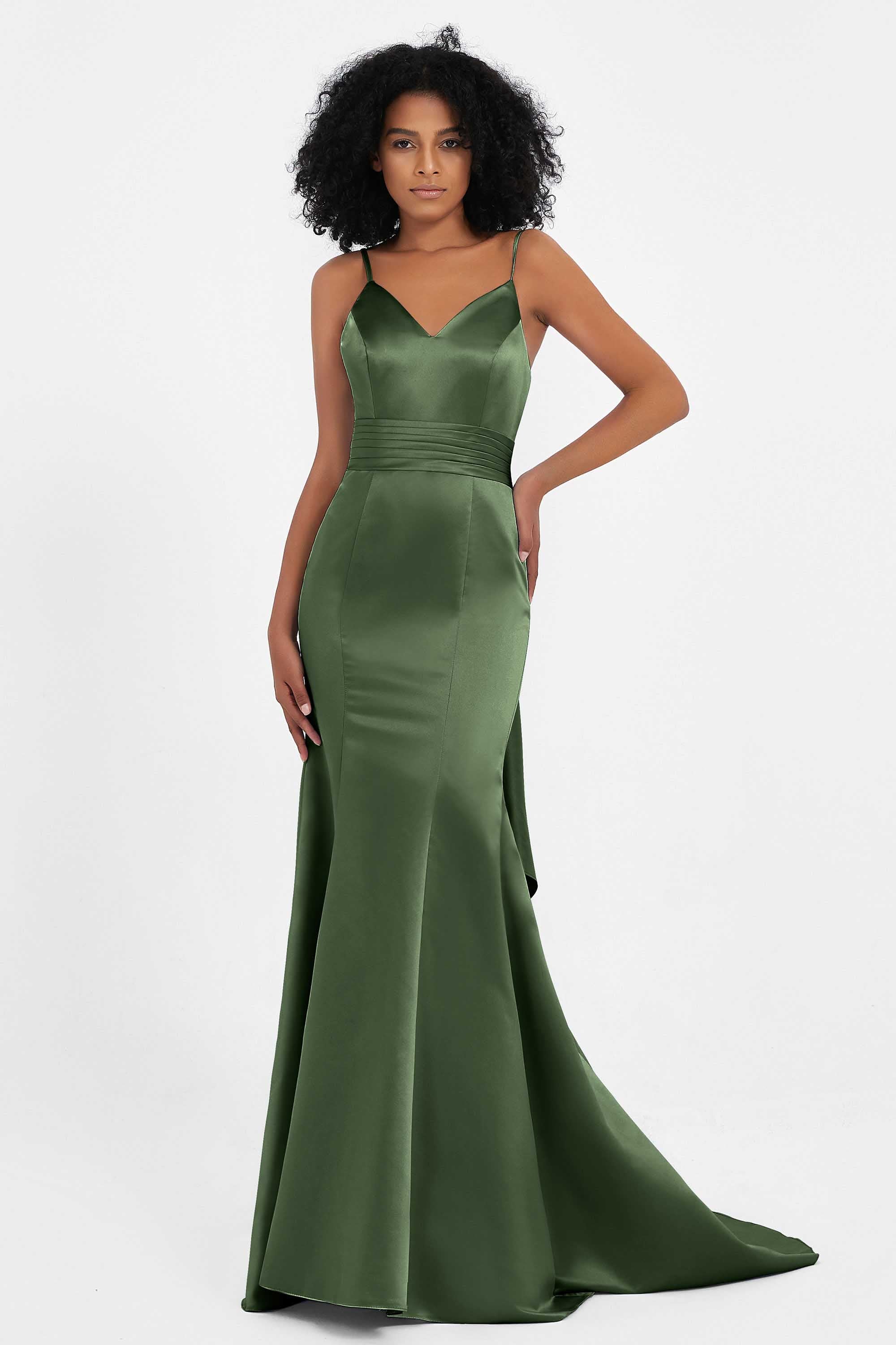 Spaghetti Straps V Neck Satin Formal Evening Dresses Mermaid Prom Party Gowns with Bowknot
