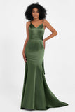 Spaghetti Straps V Neck Satin Formal Evening Dresses Mermaid Prom Party Gowns with Bowknot