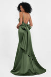 Spaghetti Straps V Neck Satin Formal Evening Dresses Mermaid Prom Party Gowns with Bowknot