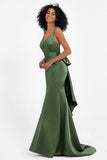 Spaghetti Straps V Neck Satin Formal Evening Dresses Mermaid Prom Party Gowns with Bowknot