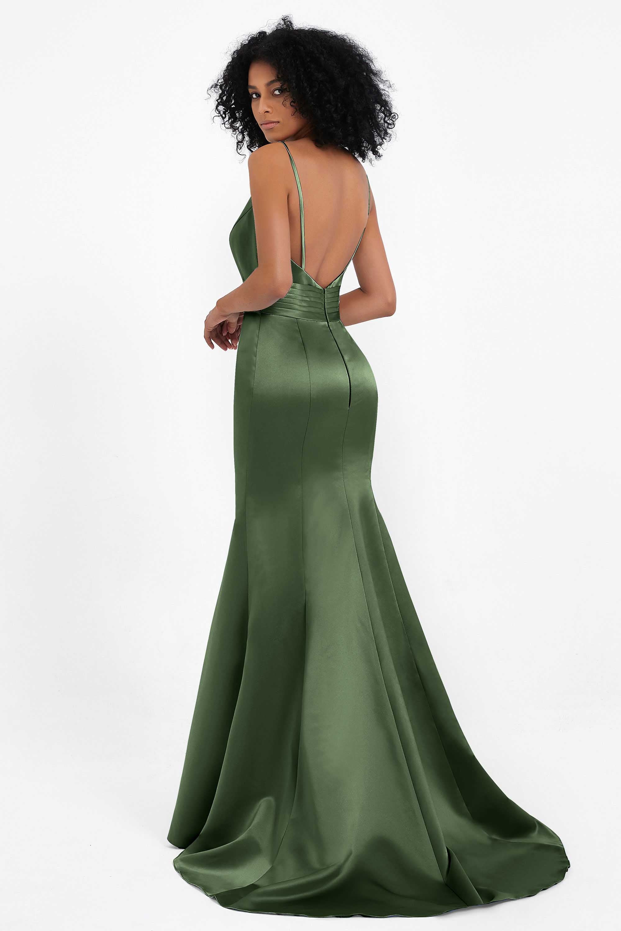 Spaghetti Straps V Neck Satin Formal Evening Dresses Mermaid Prom Party Gowns with Bowknot
