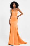 Spaghetti Straps V Neck Satin Formal Evening Dresses Mermaid Prom Party Gowns with Bowknot