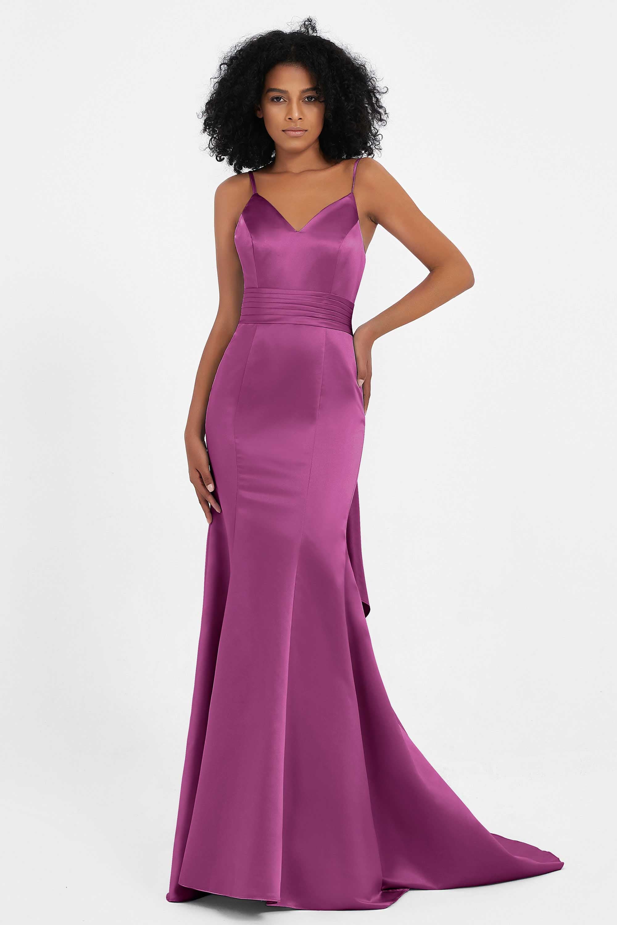 Spaghetti Straps V Neck Satin Formal Evening Dresses Mermaid Prom Party Gowns with Bowknot