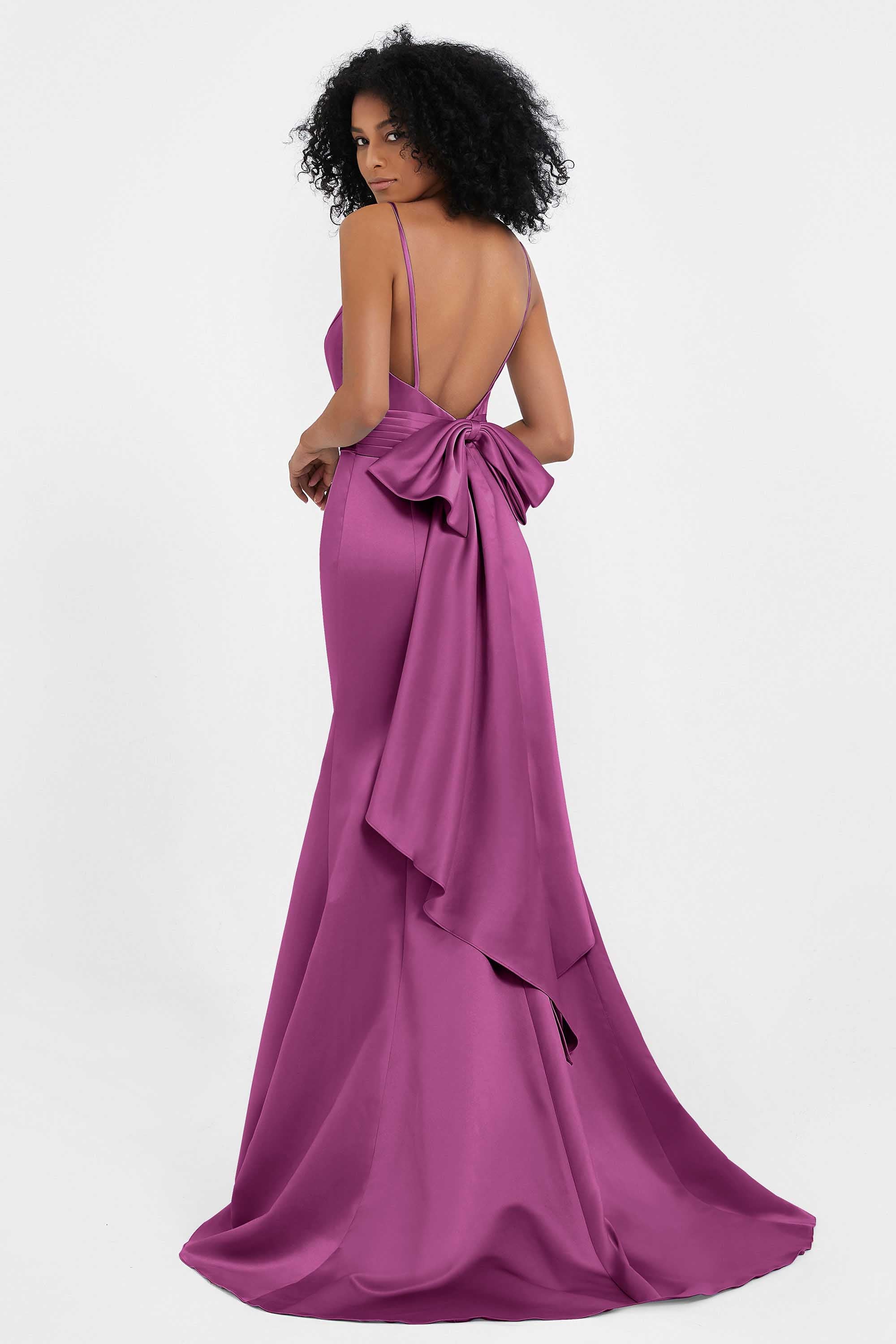 Spaghetti Straps V Neck Satin Formal Evening Dresses Mermaid Prom Party Gowns with Bowknot