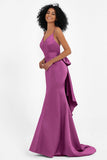 Spaghetti Straps V Neck Satin Formal Evening Dresses Mermaid Prom Party Gowns with Bowknot