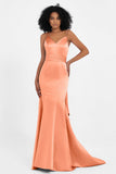 Spaghetti Straps V Neck Satin Formal Evening Dresses Mermaid Prom Party Gowns with Bowknot