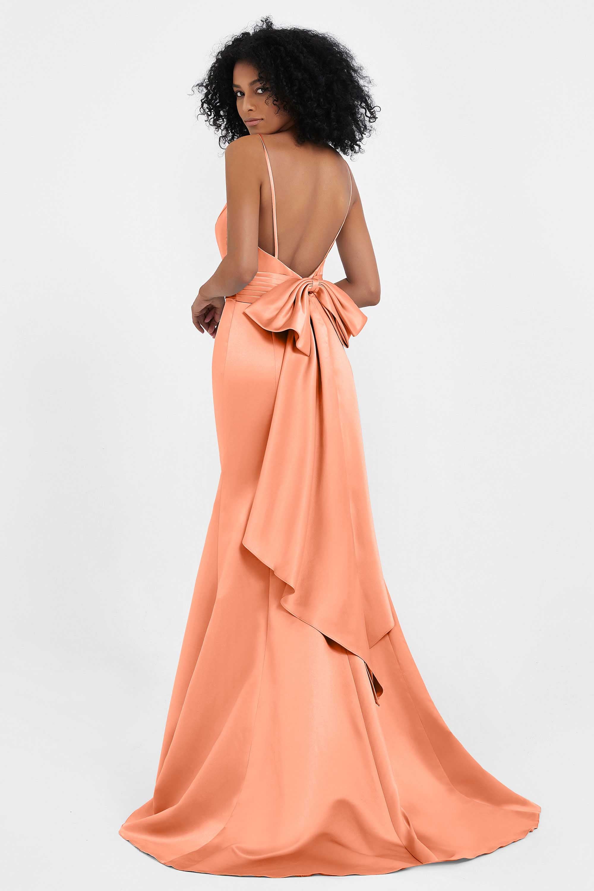 Spaghetti Straps V Neck Satin Formal Evening Dresses Mermaid Prom Party Gowns with Bowknot