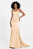 Spaghetti Straps V Neck Satin Formal Evening Dresses Mermaid Prom Party Gowns with Bowknot