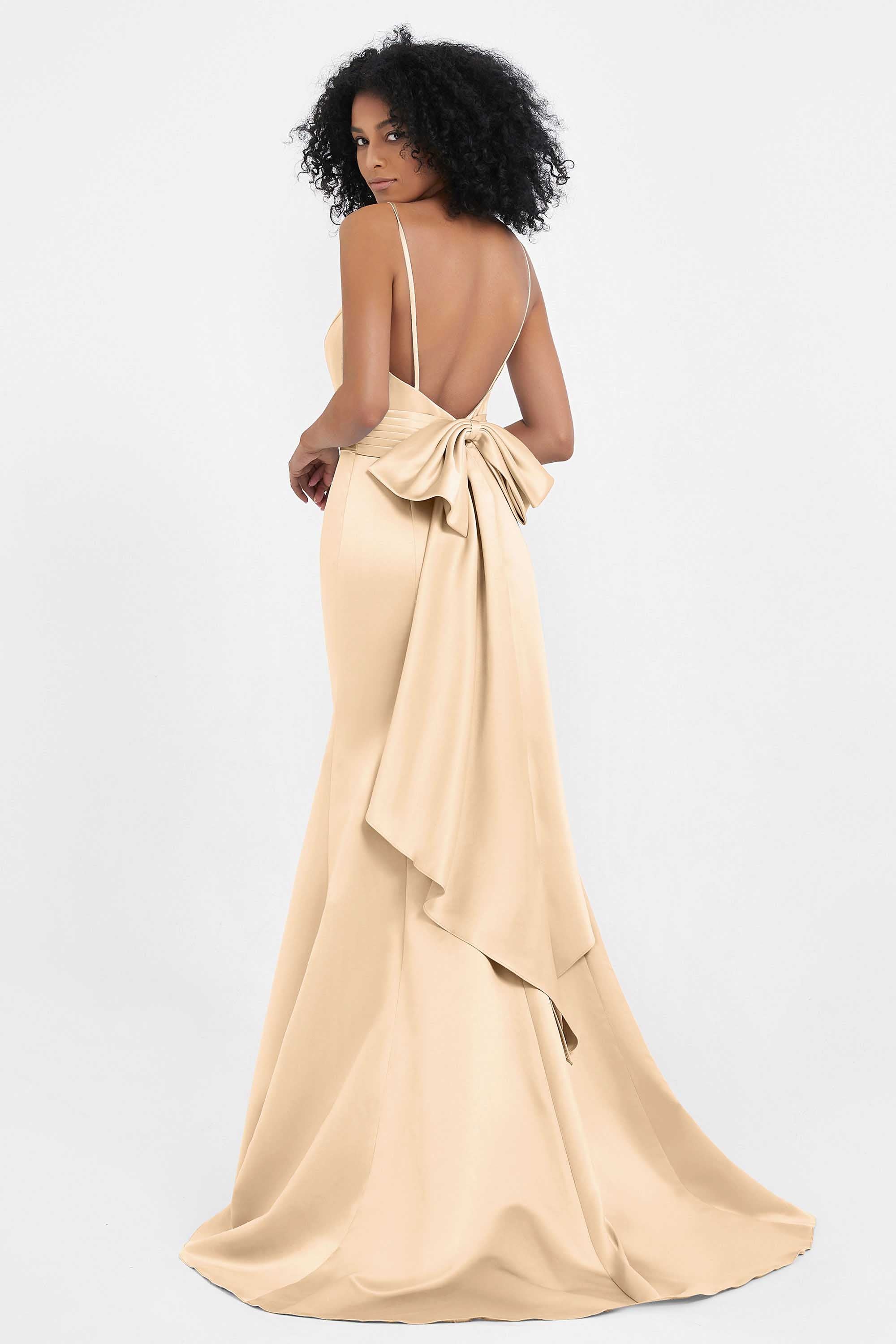 Spaghetti Straps V Neck Satin Formal Evening Dresses Mermaid Prom Party Gowns with Bowknot