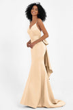 Spaghetti Straps V Neck Satin Formal Evening Dresses Mermaid Prom Party Gowns with Bowknot