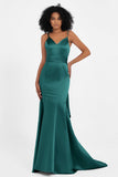 Spaghetti Straps V Neck Satin Formal Evening Dresses Mermaid Prom Party Gowns with Bowknot