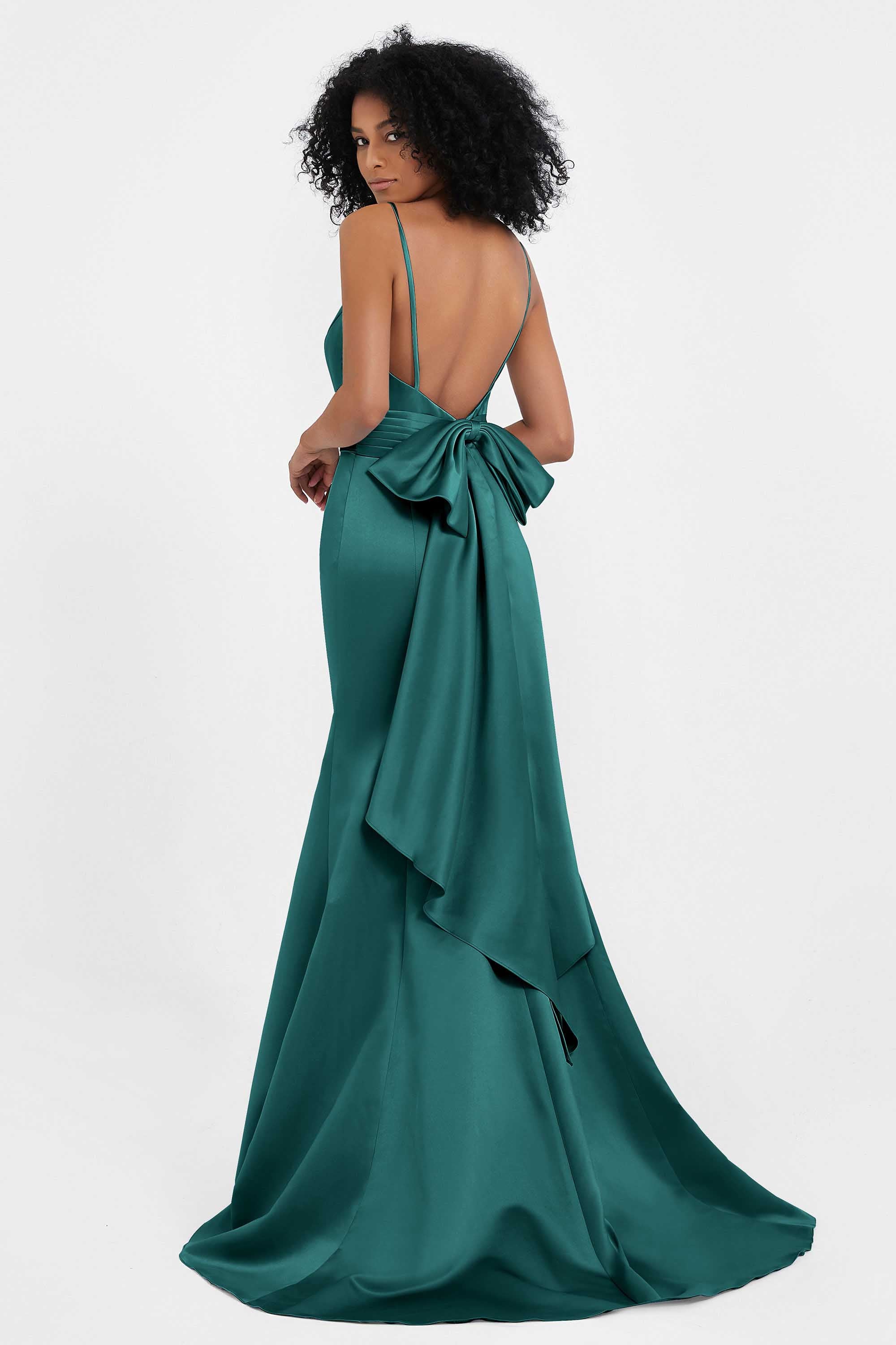 Spaghetti Straps V Neck Satin Formal Evening Dresses Mermaid Prom Party Gowns with Bowknot