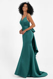 Spaghetti Straps V Neck Satin Formal Evening Dresses Mermaid Prom Party Gowns with Bowknot