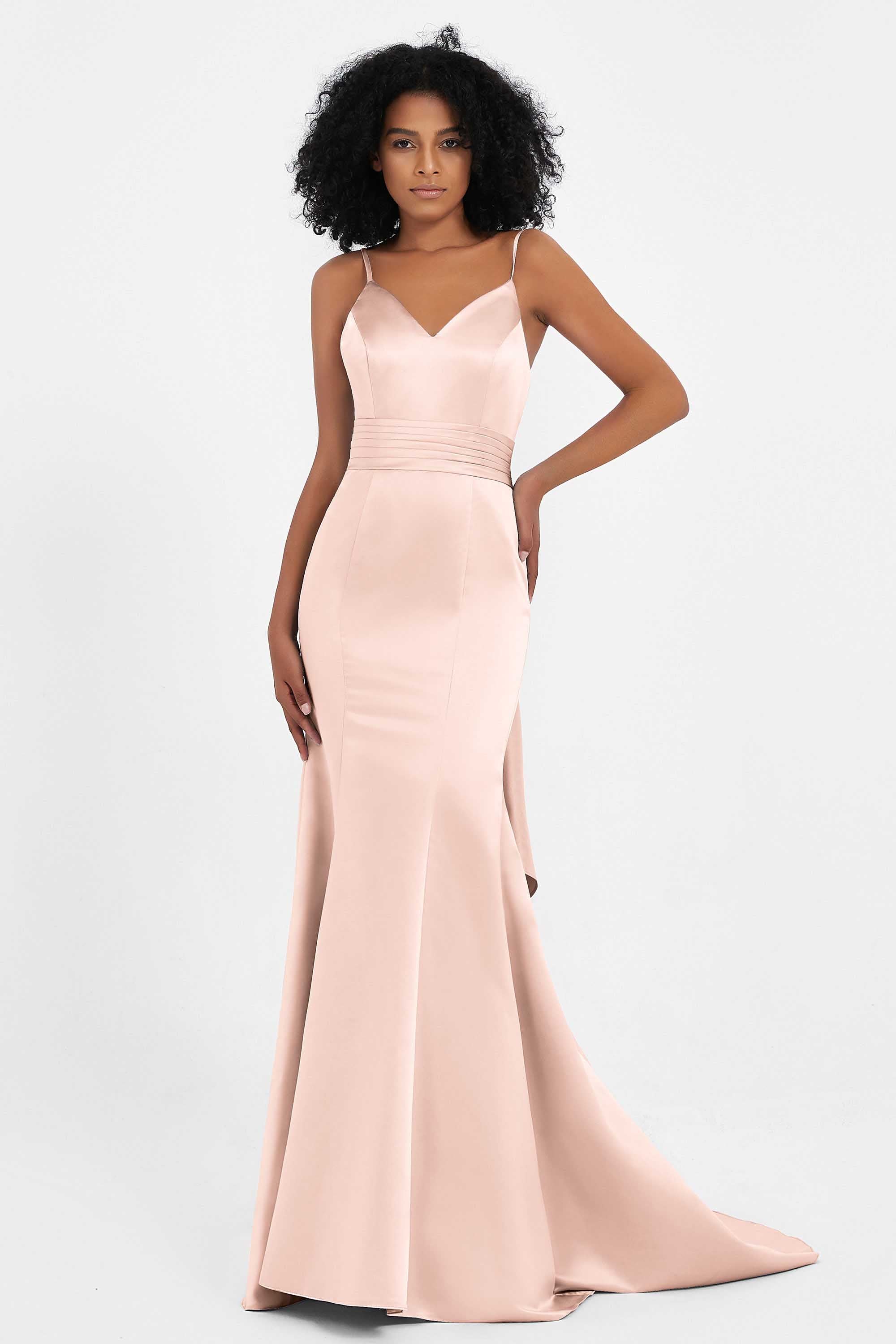 Spaghetti Straps V Neck Satin Formal Evening Dresses Mermaid Prom Party Gowns with Bowknot