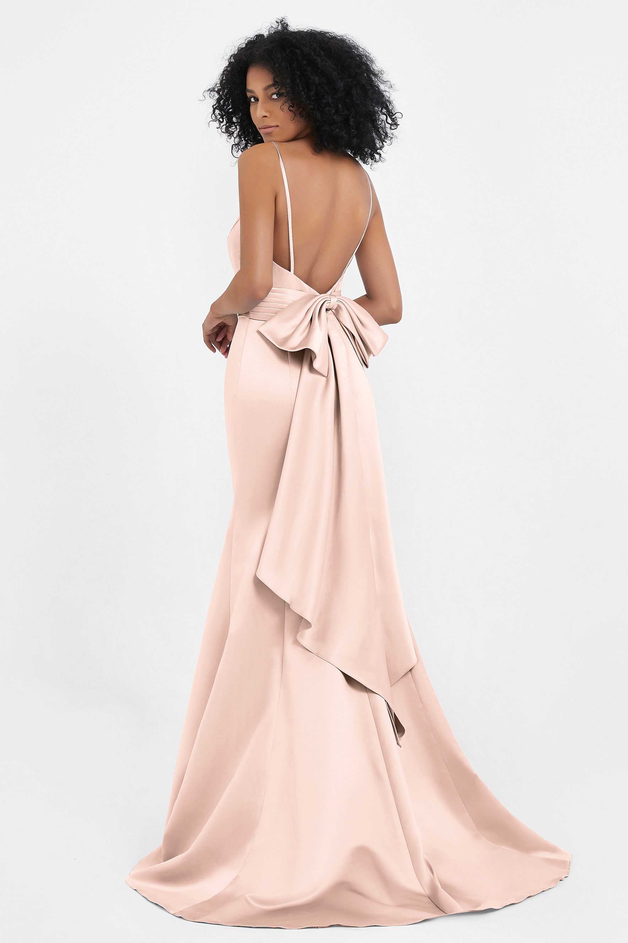 Spaghetti Straps V Neck Satin Formal Evening Dresses Mermaid Prom Party Gowns with Bowknot