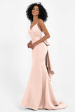 Spaghetti Straps V Neck Satin Formal Evening Dresses Mermaid Prom Party Gowns with Bowknot