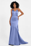 Spaghetti Straps V Neck Satin Formal Evening Dresses Mermaid Prom Party Gowns with Bowknot