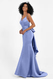 Spaghetti Straps V Neck Satin Formal Evening Dresses Mermaid Prom Party Gowns with Bowknot