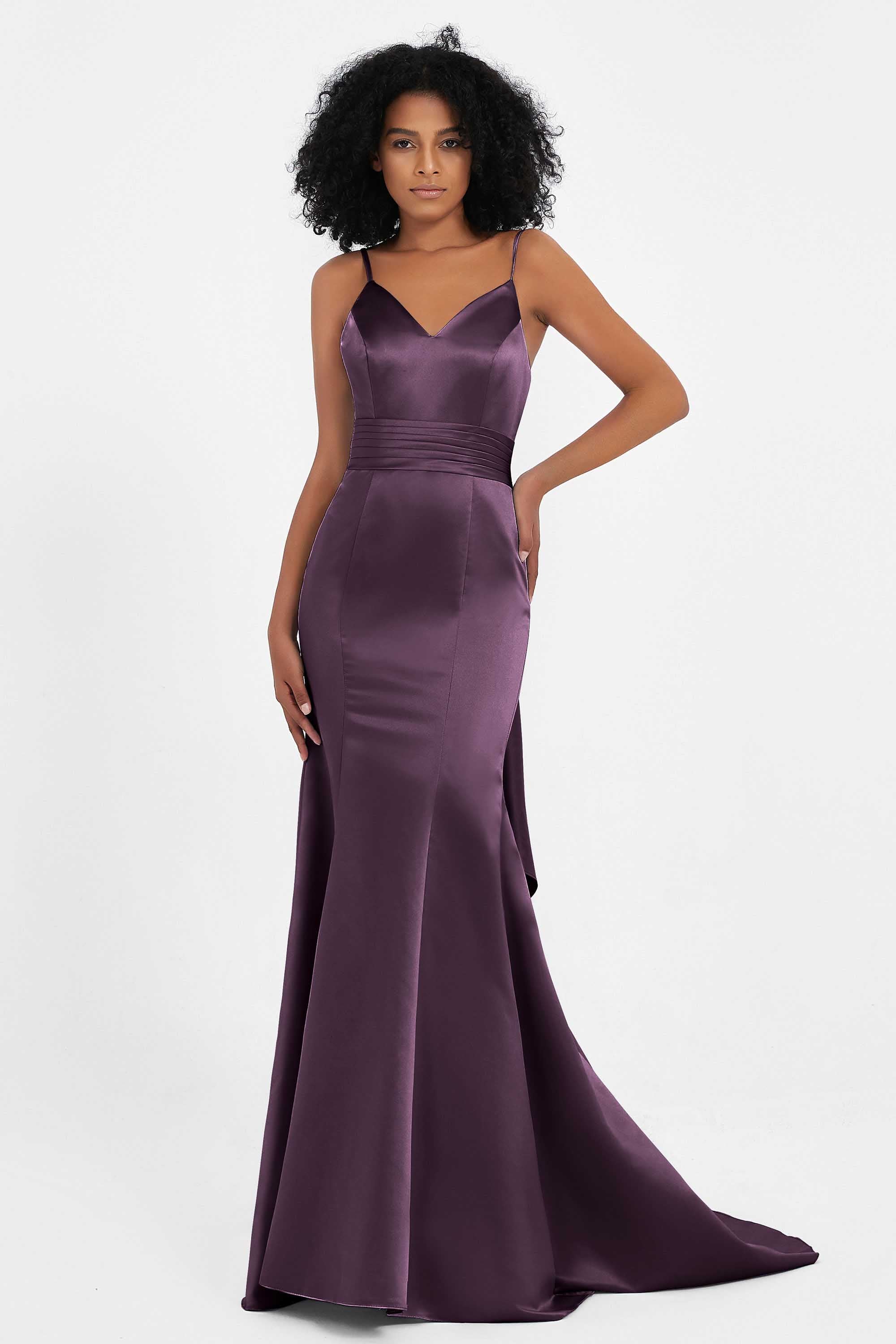 Spaghetti Straps V Neck Satin Formal Evening Dresses Mermaid Prom Party Gowns with Bowknot
