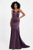 Spaghetti Straps V Neck Satin Formal Evening Dresses Mermaid Prom Party Gowns with Bowknot