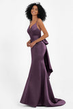 Spaghetti Straps V Neck Satin Formal Evening Dresses Mermaid Prom Party Gowns with Bowknot