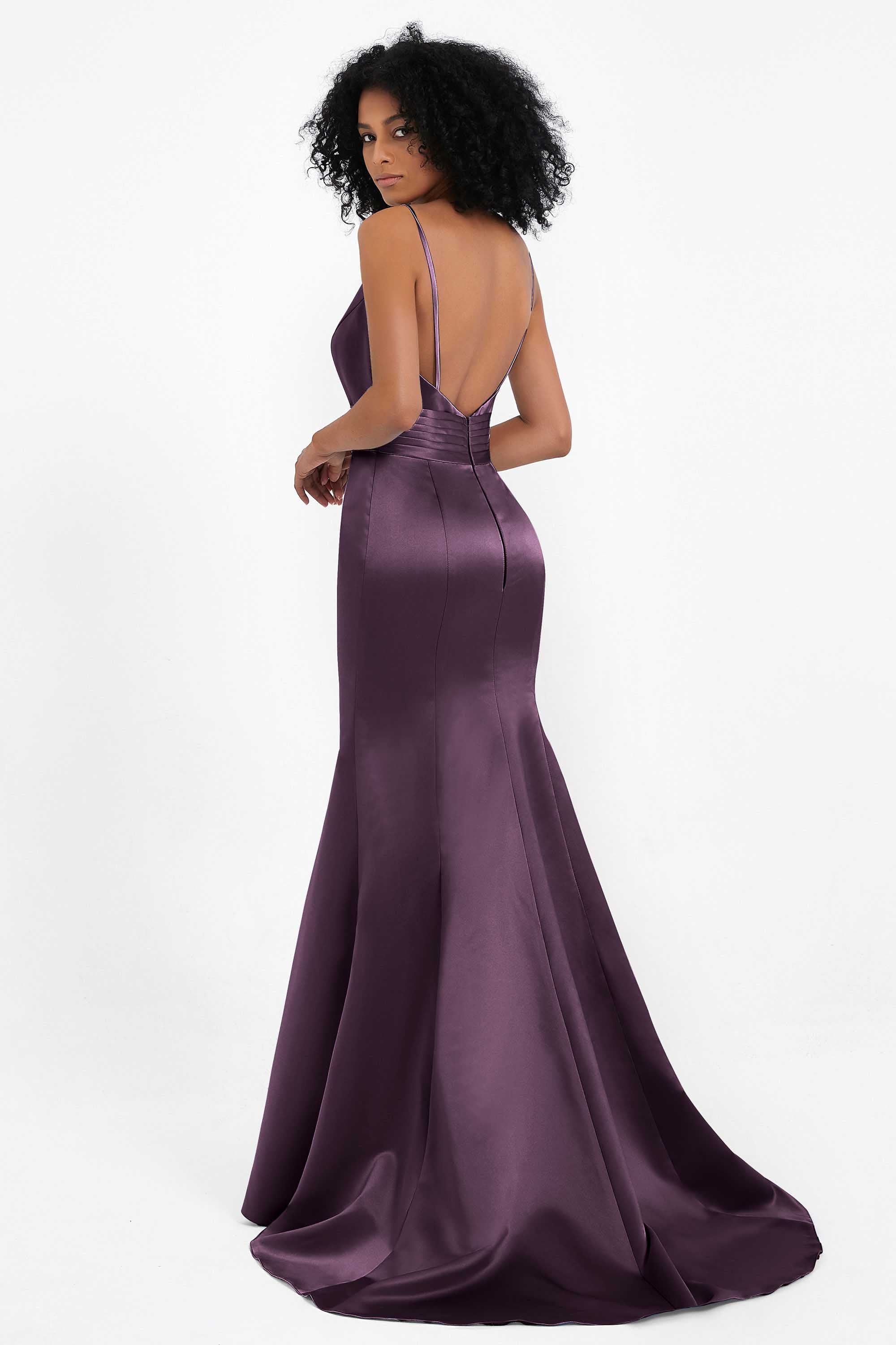 Spaghetti Straps V Neck Satin Formal Evening Dresses Mermaid Prom Party Gowns with Bowknot