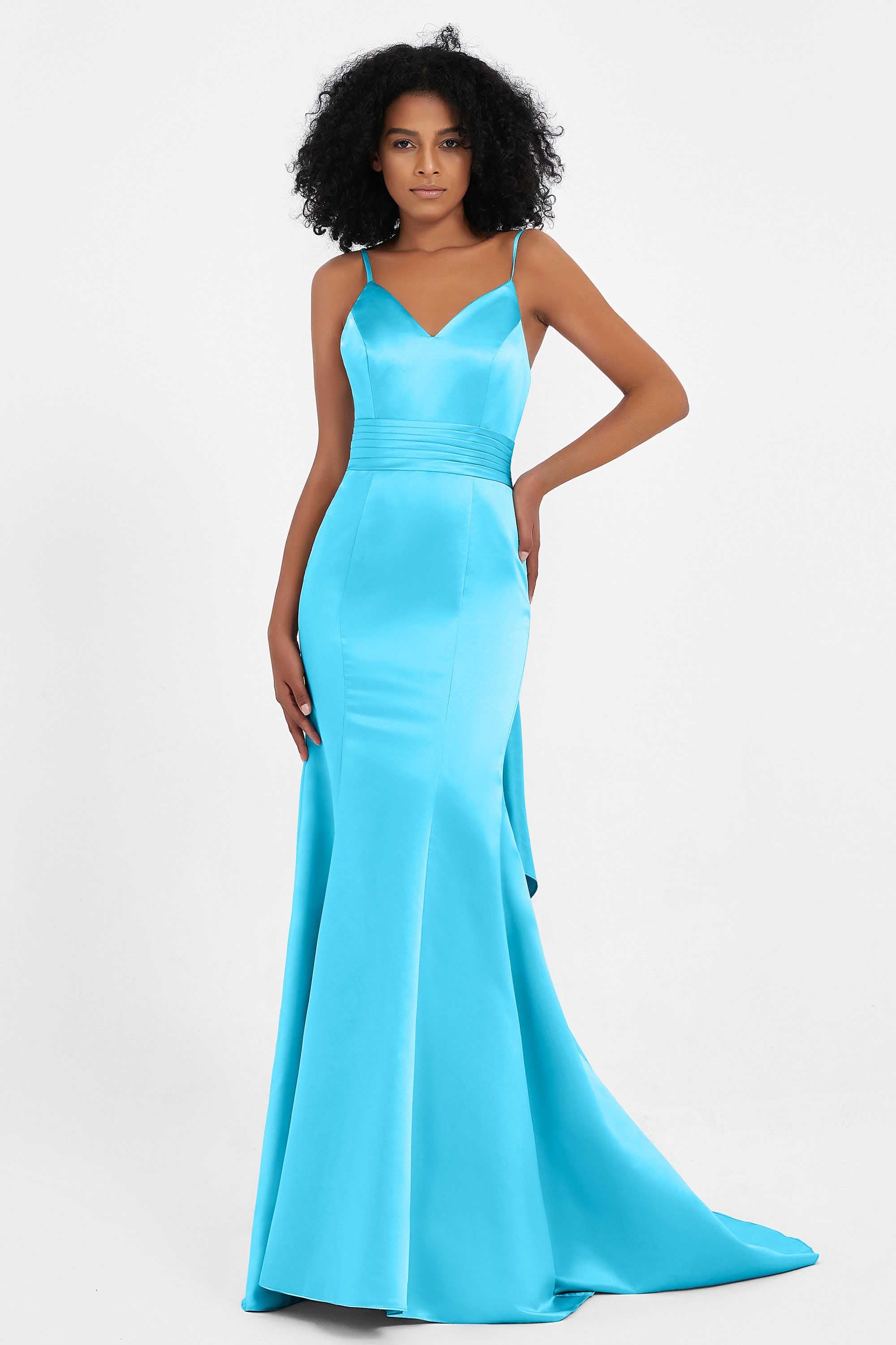 Spaghetti Straps V Neck Satin Formal Evening Dresses Mermaid Prom Party Gowns with Bowknot