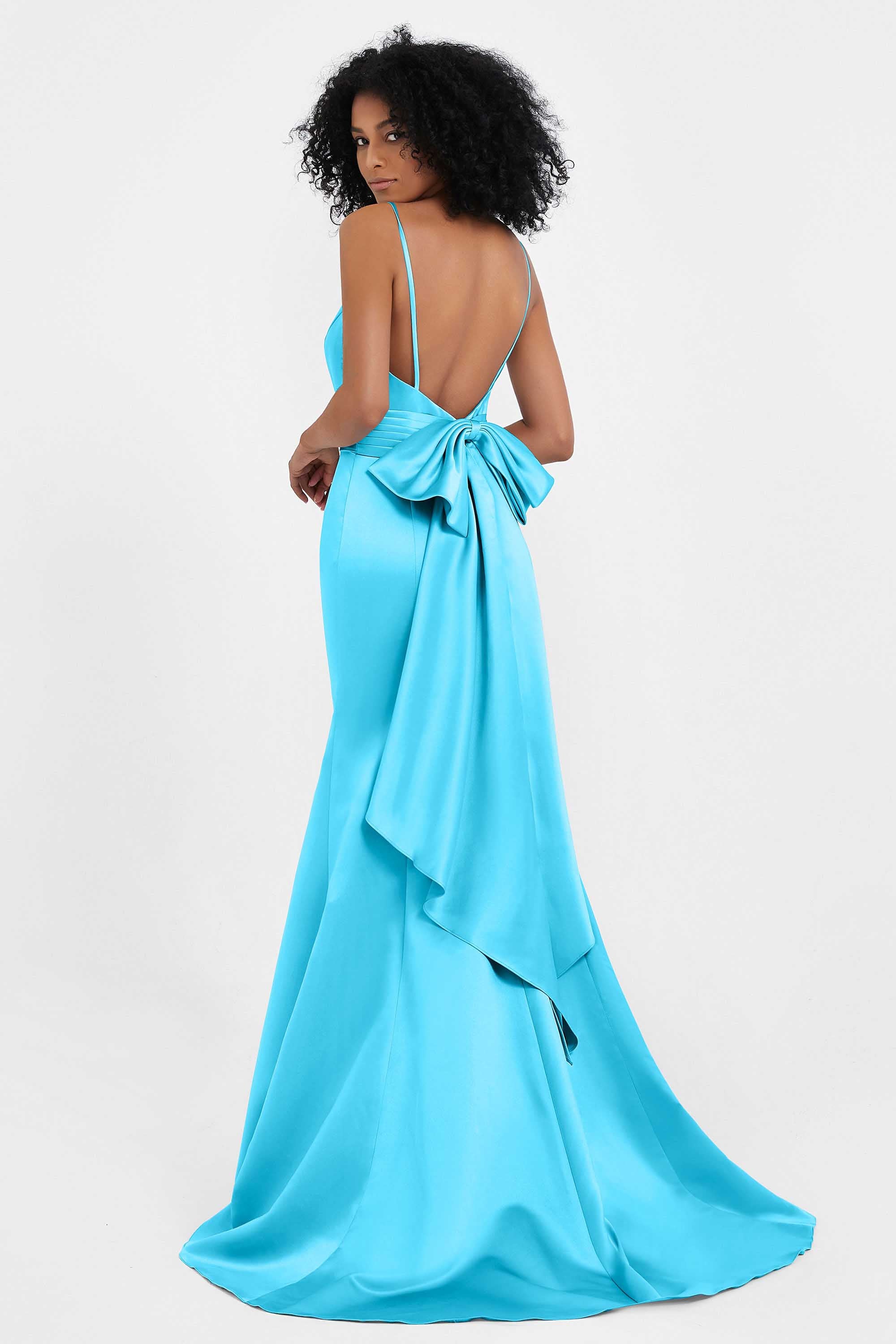Spaghetti Straps V Neck Satin Formal Evening Dresses Mermaid Prom Party Gowns with Bowknot