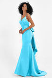Spaghetti Straps V Neck Satin Formal Evening Dresses Mermaid Prom Party Gowns with Bowknot