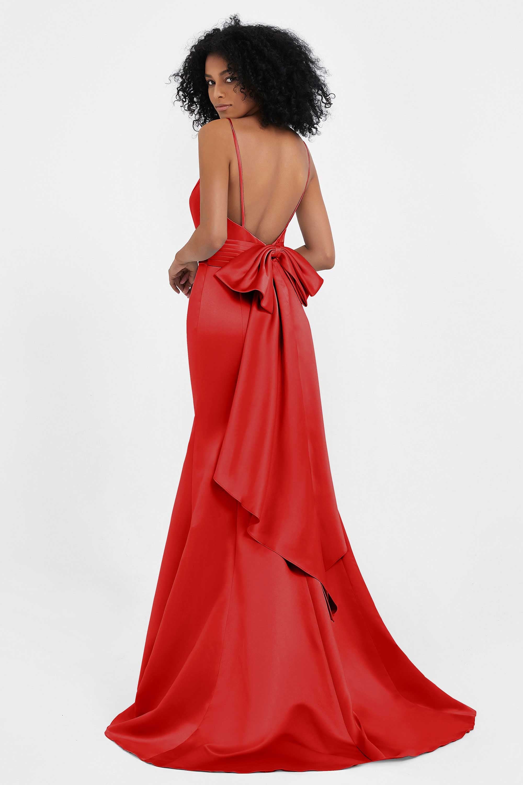 Spaghetti Straps V Neck Satin Formal Evening Dresses Mermaid Prom Party Gowns with Bowknot