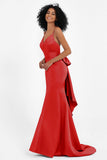 Spaghetti Straps V Neck Satin Formal Evening Dresses Mermaid Prom Party Gowns with Bowknot